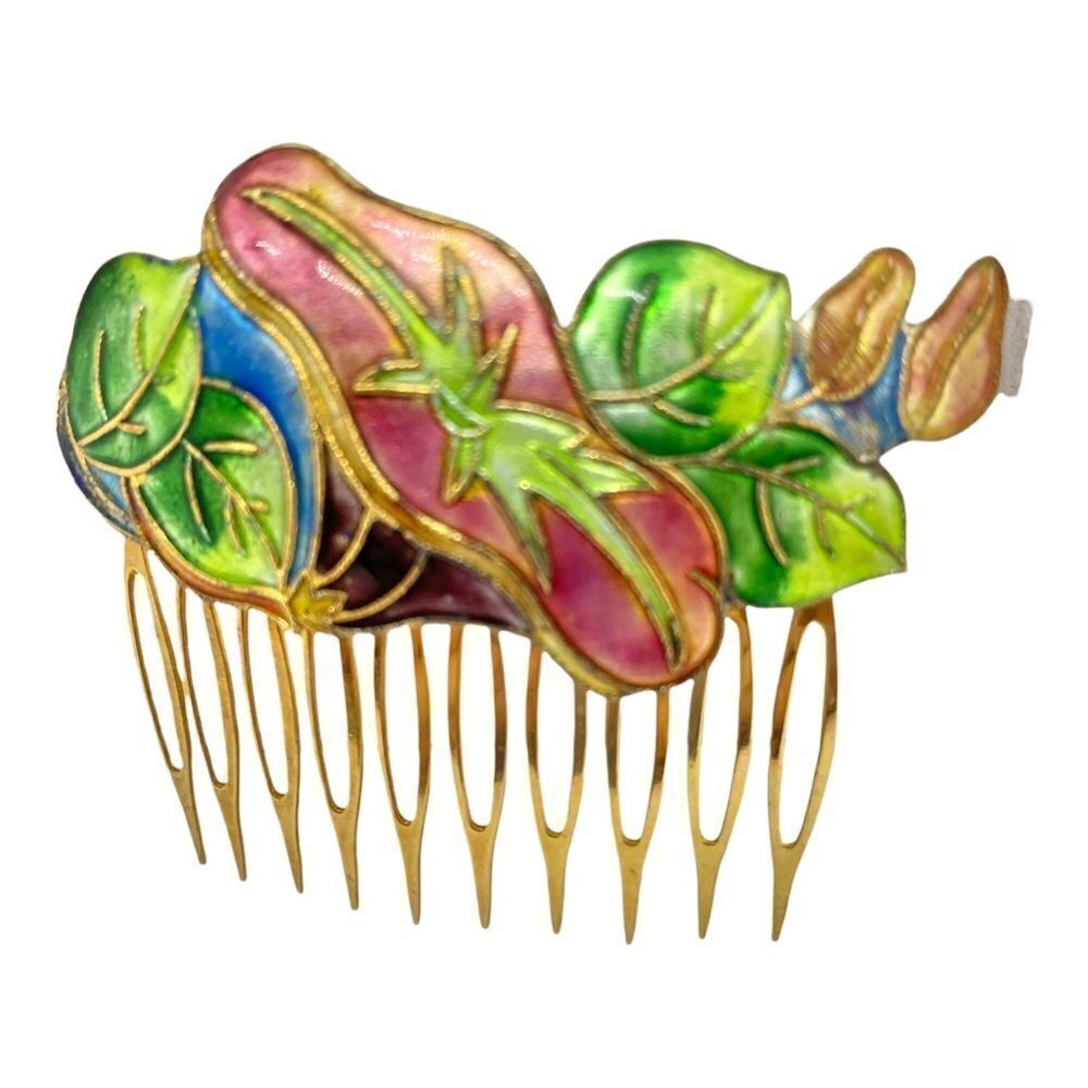 Vintage Cloisonné Enamel Floral Hair Comb 80s - Picture 10 of 14